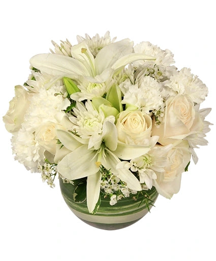 White bubble bowl vase of flowers